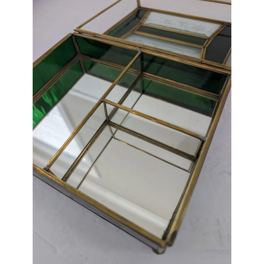 Jewelry Box Etched Floral Stained Glass Green Clear Vintage Glass Trinket FLAW - Picture 8 of 16